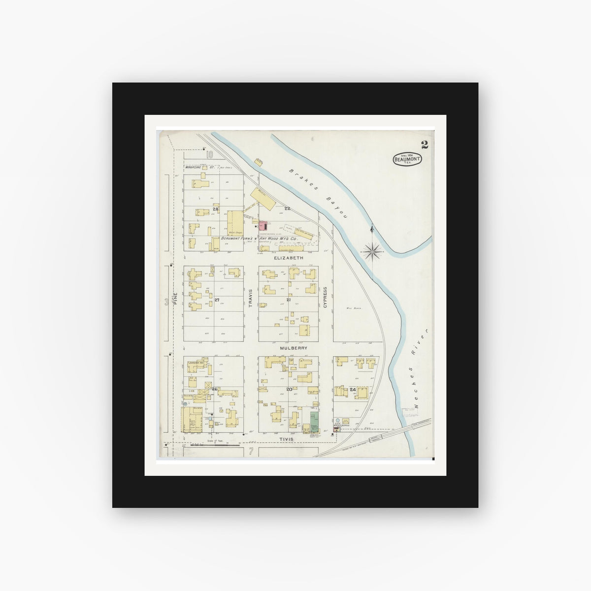 Old map wall art mockup — black gallery frame with white mat — Sanborn Fire Insurance Map from Beaumont, Jefferson County, Texas (1894), Sheet #0002