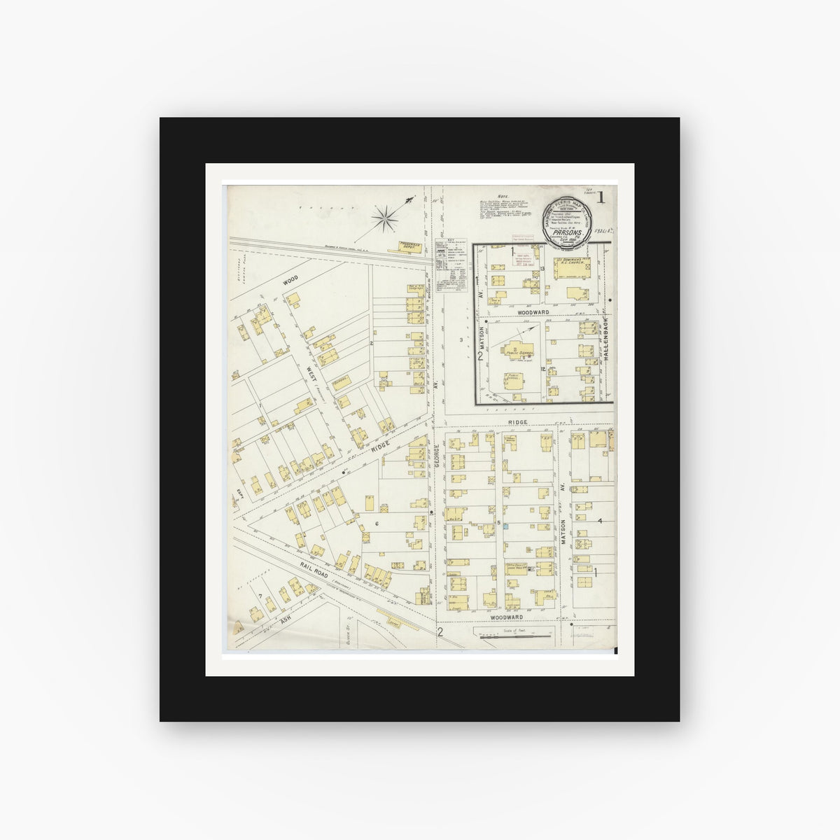 Old map wall art mockup — black gallery frame with white mat — Sanborn Fire Insurance Map from Parsons, Luzerne County, Pennsylvania (1896) - Complete Map Set
