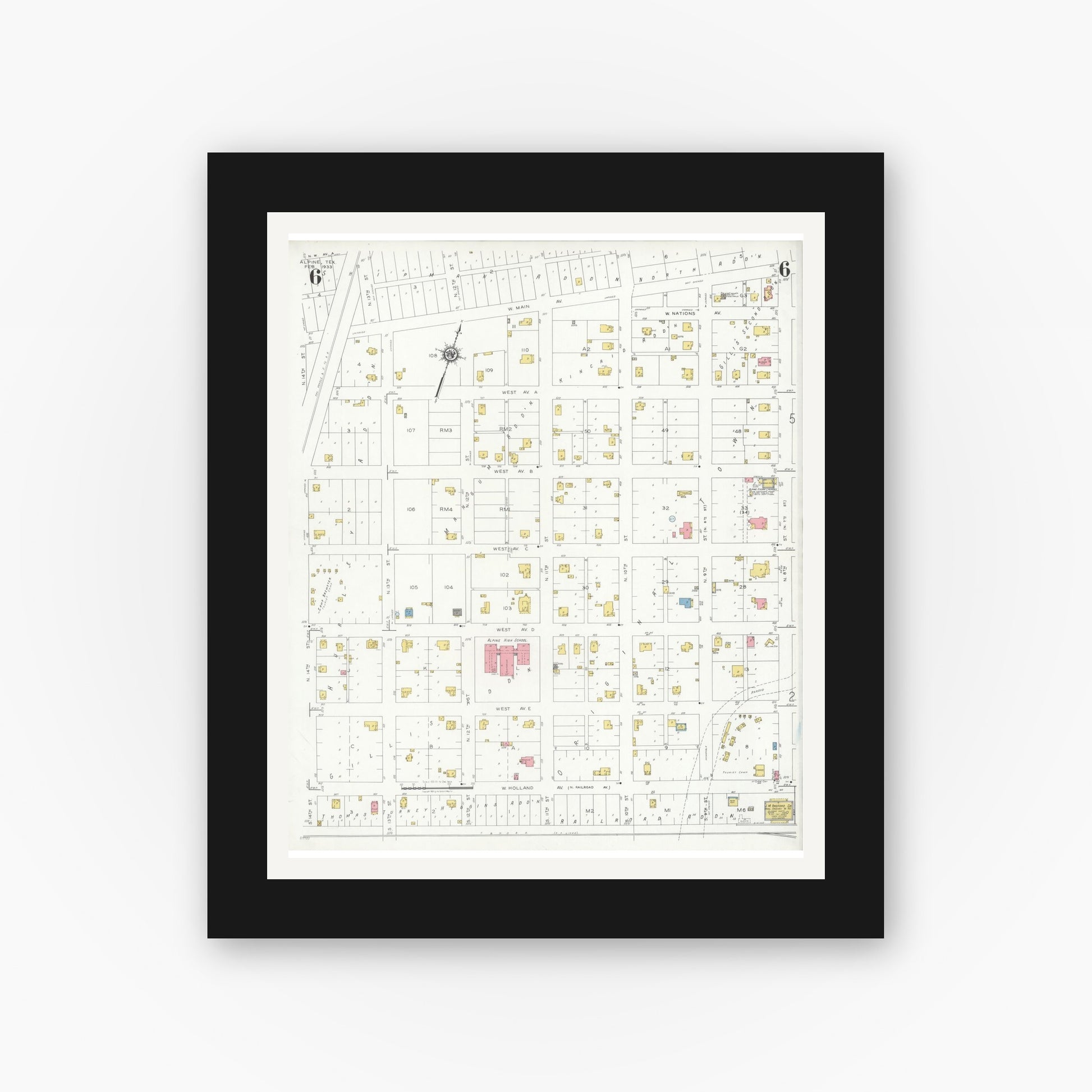 Old map wall art mockup — black gallery frame with white mat — Sanborn Fire Insurance Map from Alpine, Brewster County, Texas (1933), Sheet #0006