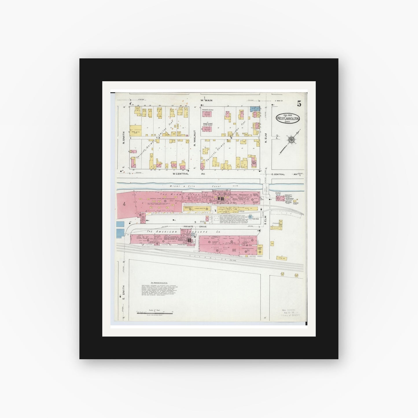 Old map wall art mockup — black gallery frame with white mat — Sanborn Fire Insurance Map from West Carrollton, Montgomery County, Ohio (1918), Sheet #0005