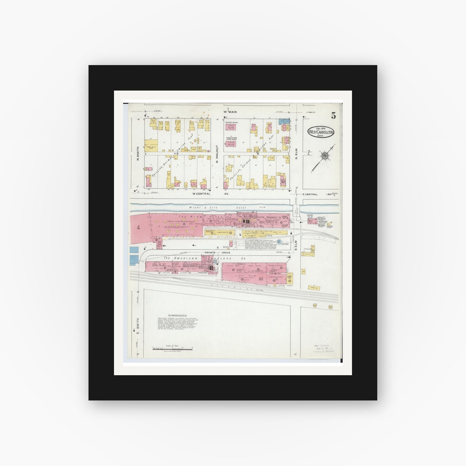 Old map wall art mockup — black gallery frame with white mat — Sanborn Fire Insurance Map from West Carrollton, Montgomery County, Ohio (1918), Sheet #0005