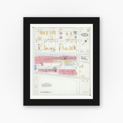 Old map wall art mockup — black gallery frame with white mat — Sanborn Fire Insurance Map from West Carrollton, Montgomery County, Ohio (1918), Sheet #0005