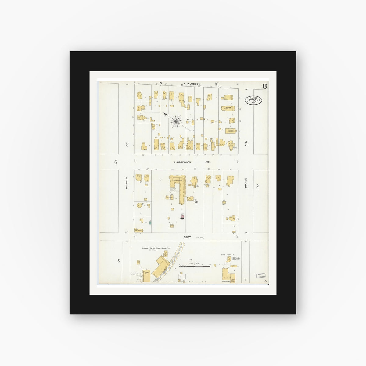 Old map wall art mockup — black gallery frame with white mat — Sanborn Fire Insurance Map from Daytona, Volusia County, Florida (1906), Sheet #0008