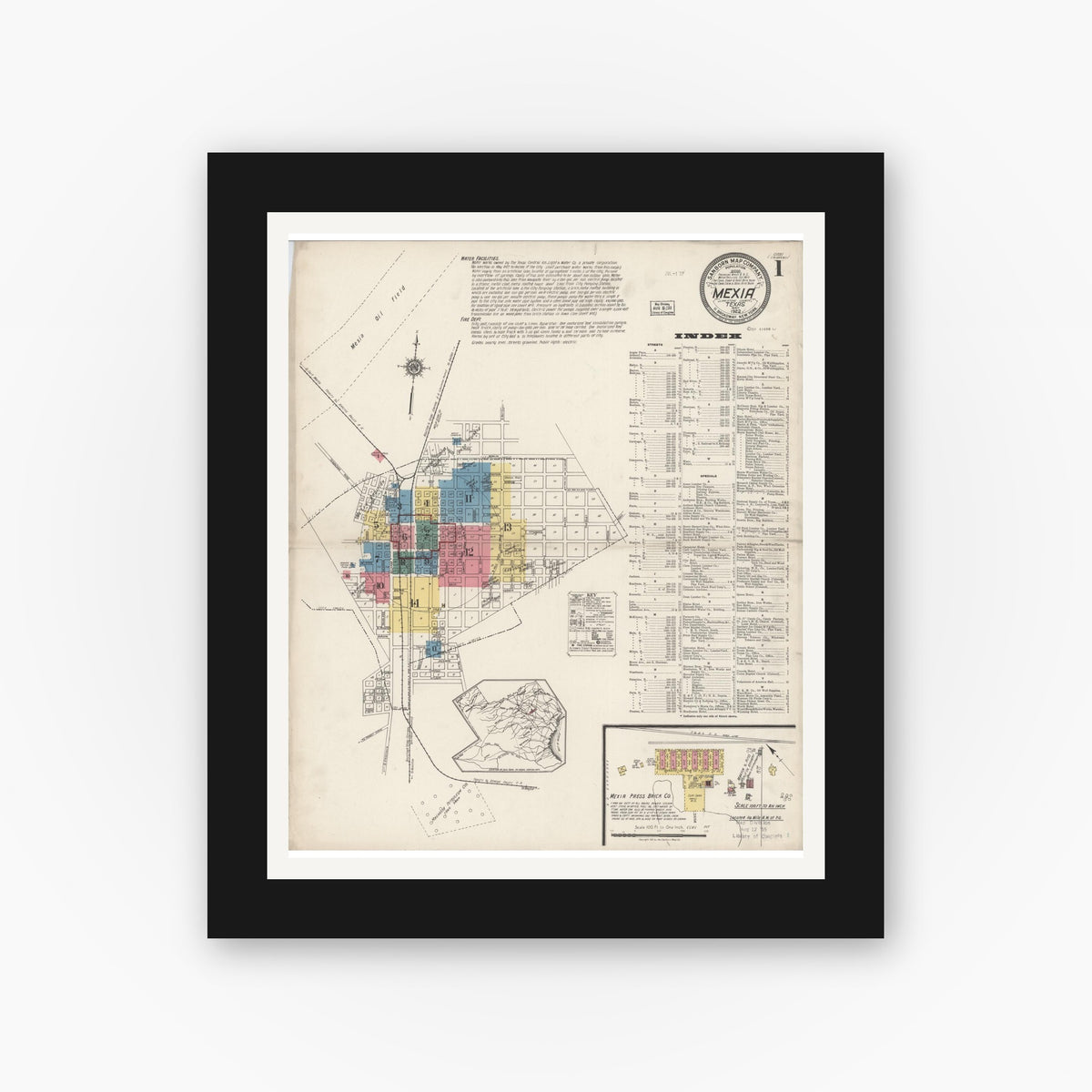 Old map wall art mockup — black gallery frame with white mat — Sanborn Fire Insurance Map from Mexia, Limestone County, Texas (1922) - Complete Map Set
