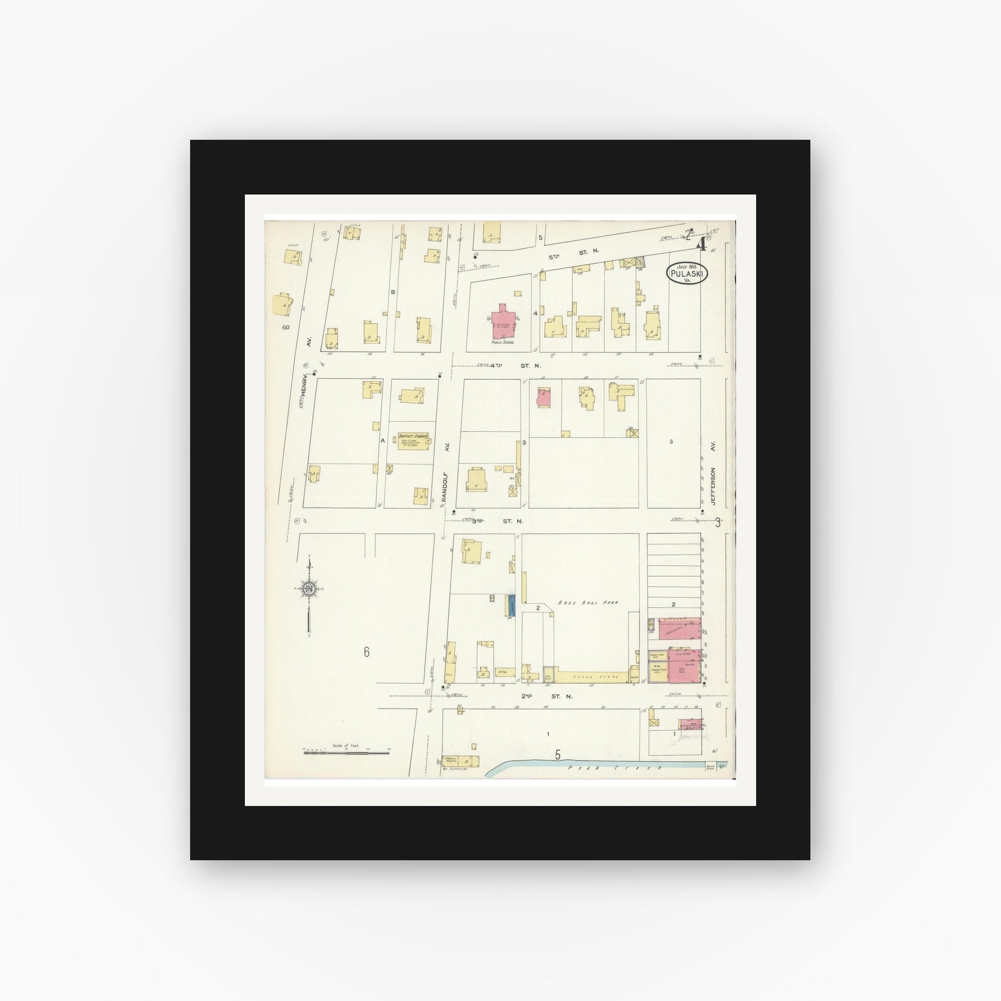 Old map wall art mockup — black gallery frame with white mat — Sanborn Fire Insurance Map from Pulaski, Pulaski County, Virginia (1913), Sheet #0004