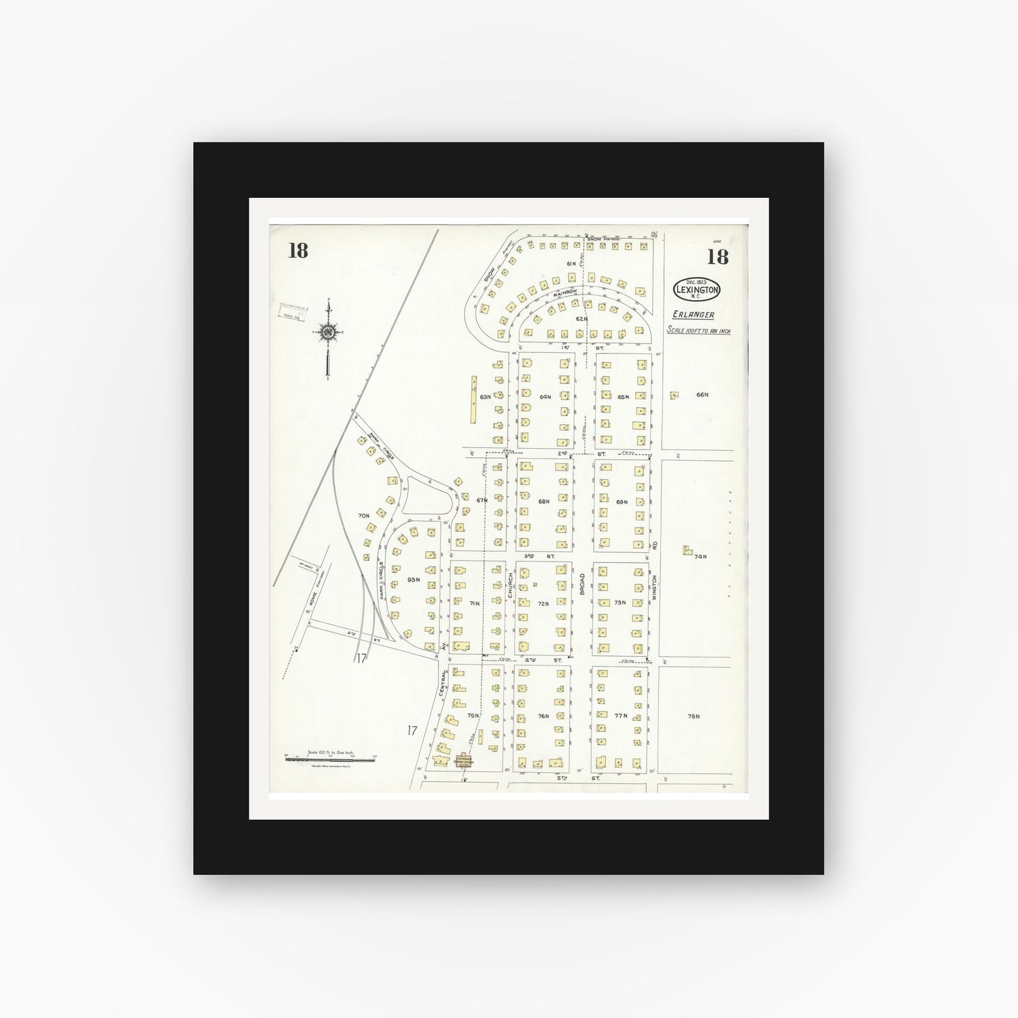 Old map wall art mockup — black gallery frame with white mat — Sanborn Fire Insurance Map from Lexington, Davidson County, North Carolina (1923), Sheet #0018
