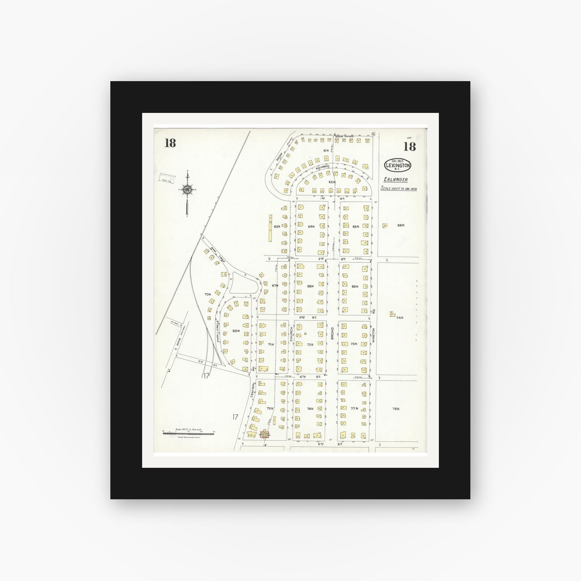 Old map wall art mockup — black gallery frame with white mat — Sanborn Fire Insurance Map from Lexington, Davidson County, North Carolina (1923), Sheet #0018