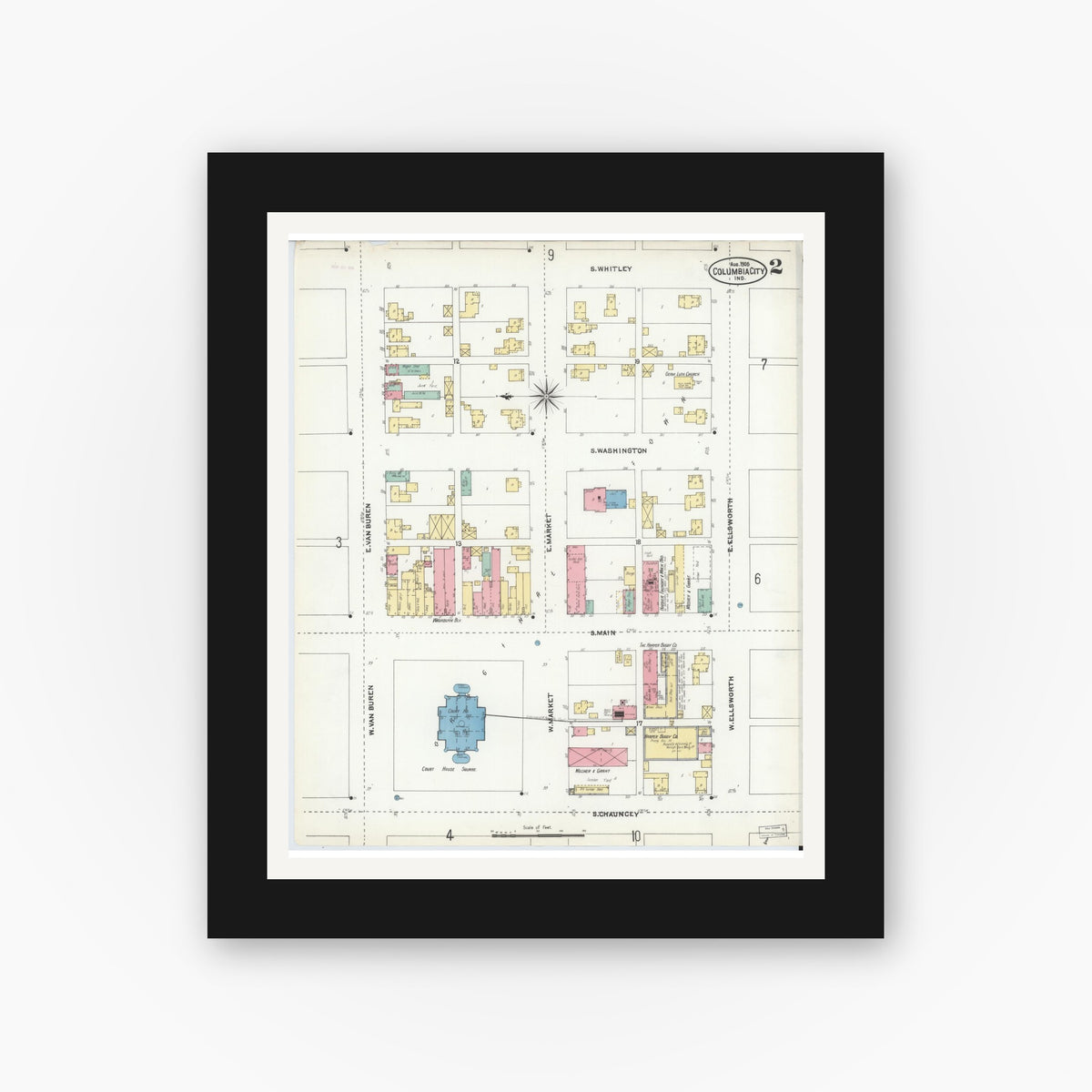 Old map wall art mockup — black gallery frame with white mat — Sanborn Fire Insurance Map from Columbia City, Whitley County, Indiana (1905), Sheet #0002