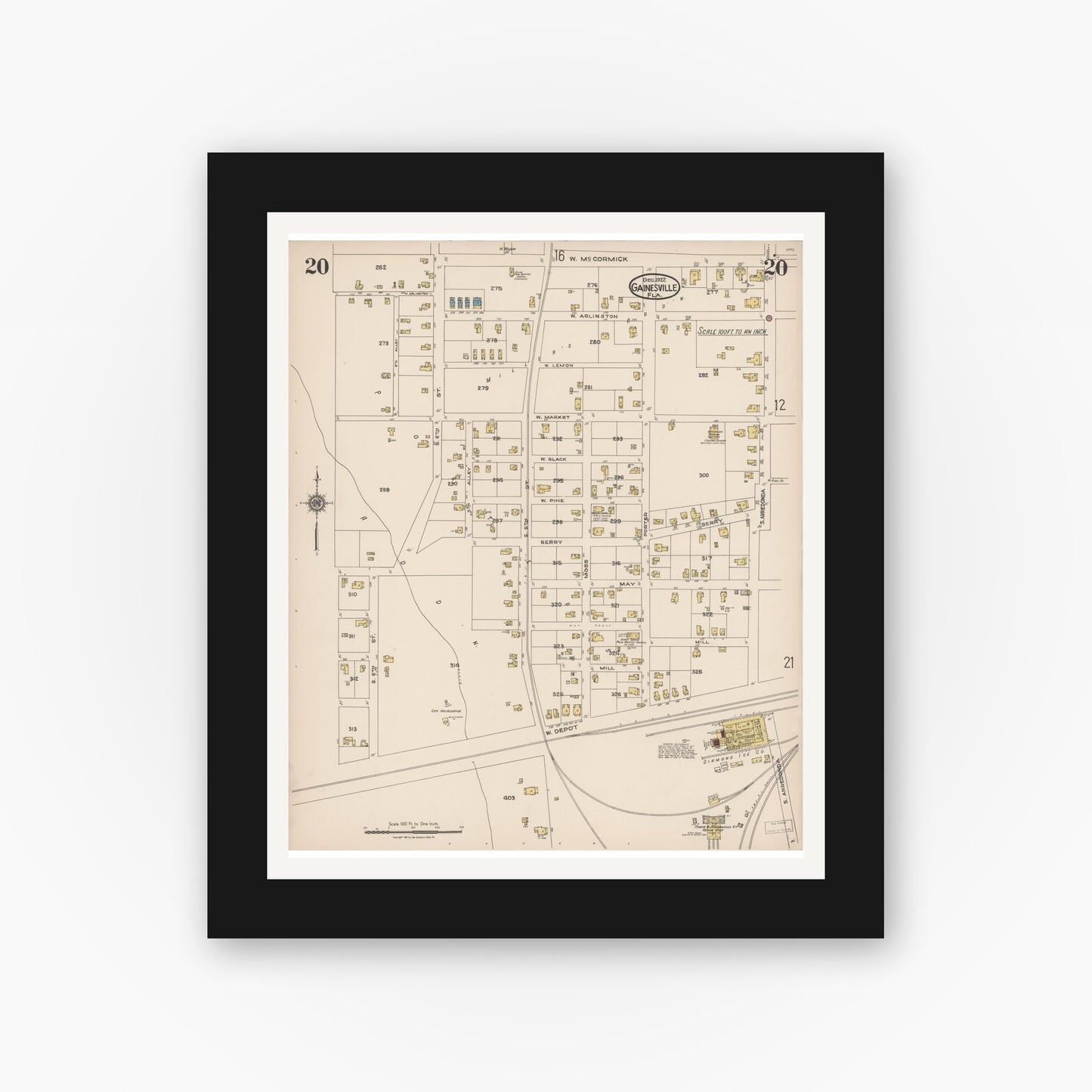 Old map wall art mockup — black gallery frame with white mat — Sanborn Fire Insurance Map from Gainesville, Alachua County, Florida (1922), Sheet #0020