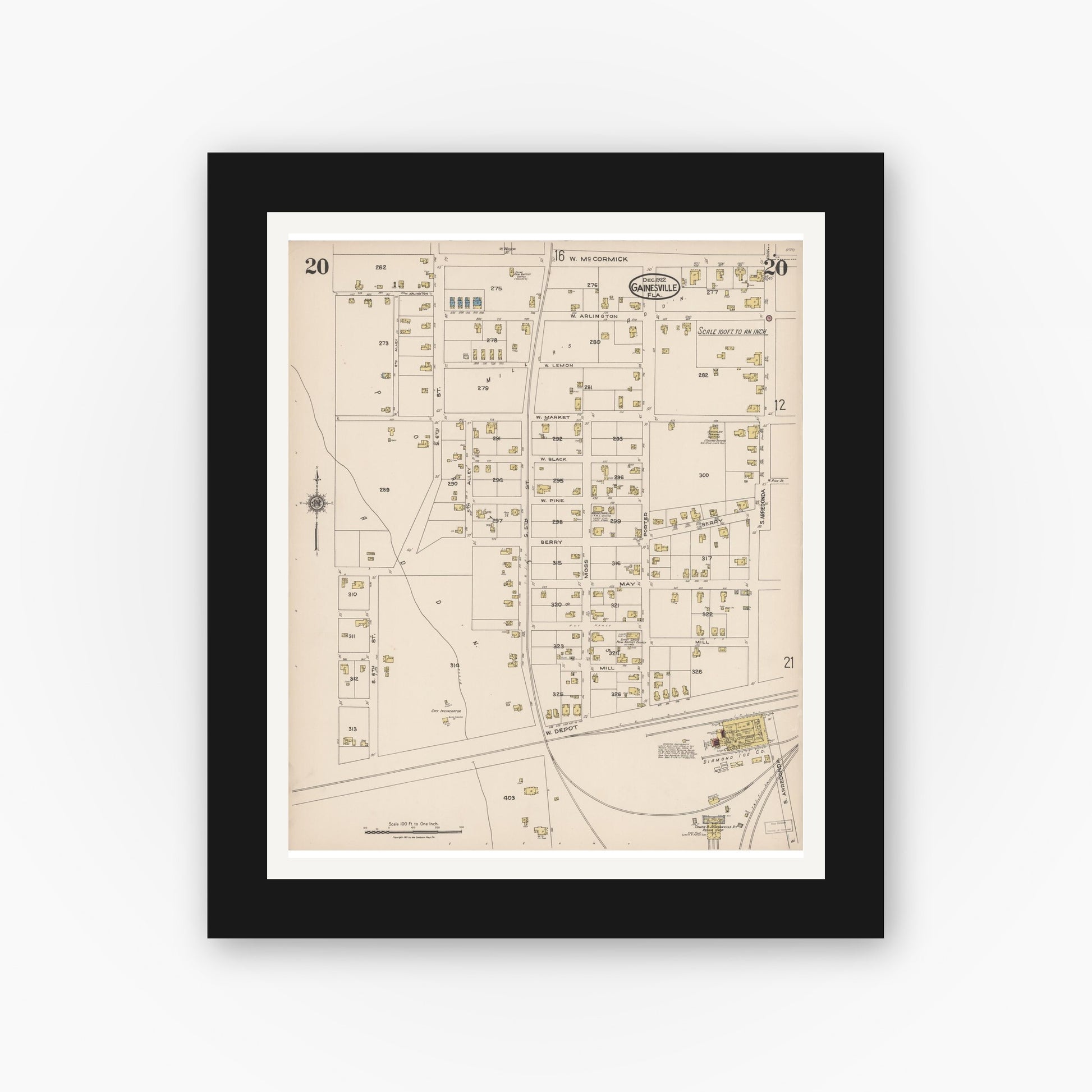 Old map wall art mockup — black gallery frame with white mat — Sanborn Fire Insurance Map from Gainesville, Alachua County, Florida (1922), Sheet #0020