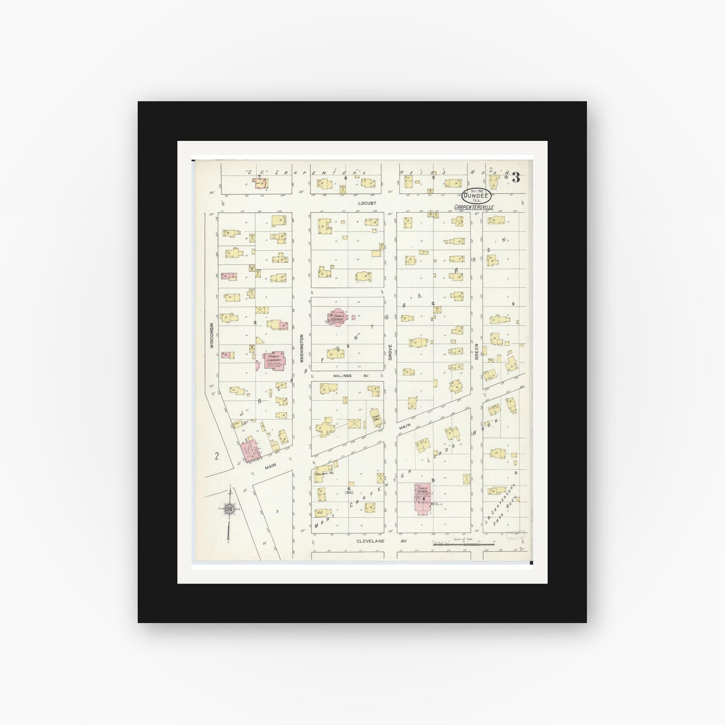 Old map wall art mockup — black gallery frame with white mat — Sanborn Fire Insurance Map from Dundee, Kane County, Illinois (1912), Sheet #0003