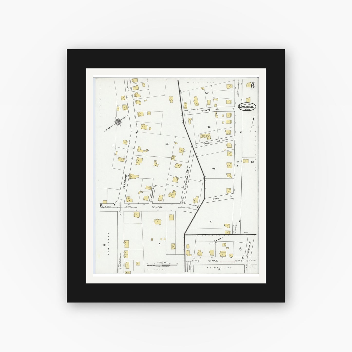 Old map wall art mockup — black gallery frame with white mat — Sanborn Fire Insurance Map from Manchester, Essex County, Massachusetts (1921), Sheet #0006