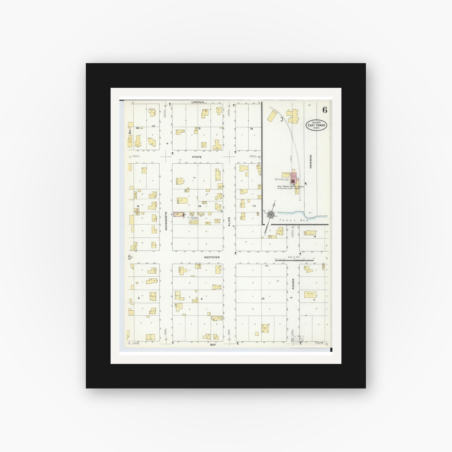 Old map wall art mockup — black gallery frame with white mat — Sanborn Fire Insurance Map from East Tawas, Iosco County, Michigan (1910), Sheet #0006