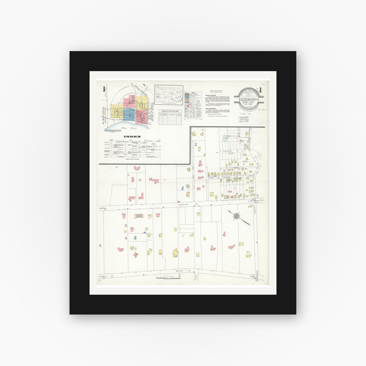 Old map wall art mockup — black gallery frame with white mat — Sanborn Fire Insurance Map from Edgeworth, Allegheny County, Pennsylvania (1938) - Complete Map Set