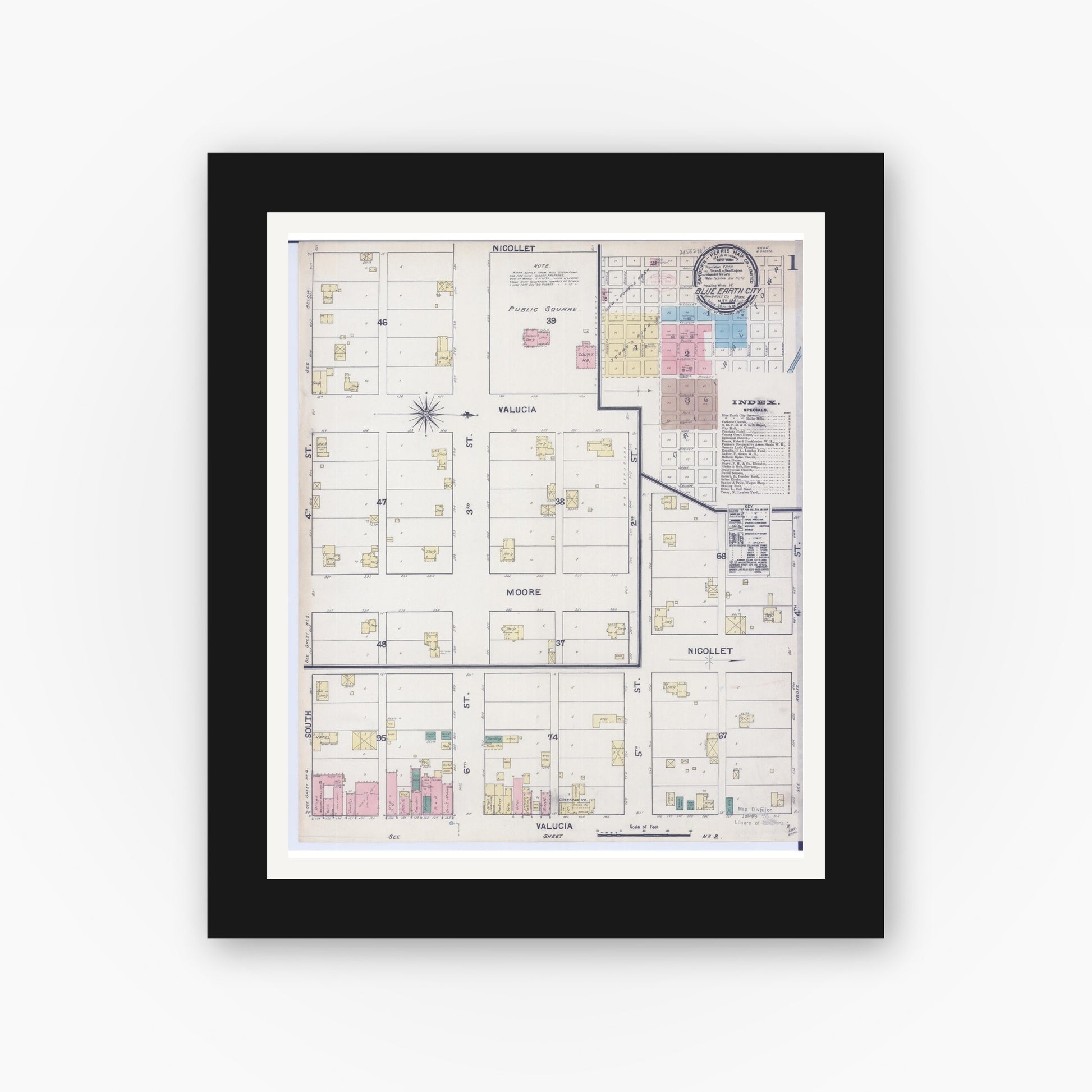 Old map wall art mockup — black gallery frame with white mat — Sanborn Fire Insurance Map from Blue Earth, Faribault County, Minnesota (1891), Sheet #0001