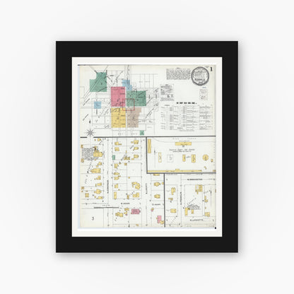 Old map wall art mockup — black gallery frame with white mat — Sanborn Fire Insurance Map from Rushville, Schuyler County, Illinois (1900), Sheet #0001