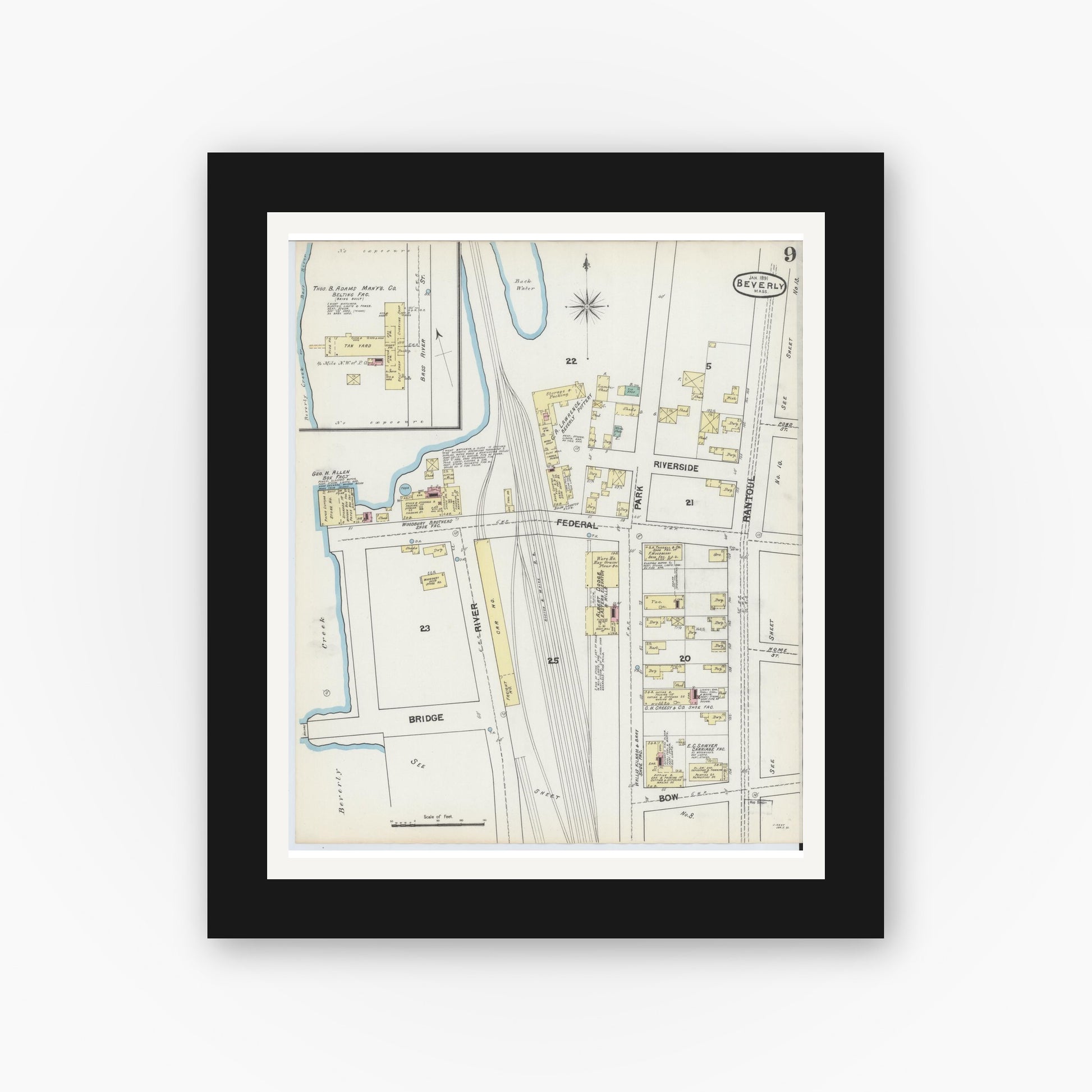 Old map wall art mockup — black gallery frame with white mat — Sanborn Fire Insurance Map from Beverly, Essex County, Massachusetts (1891), Sheet #0009