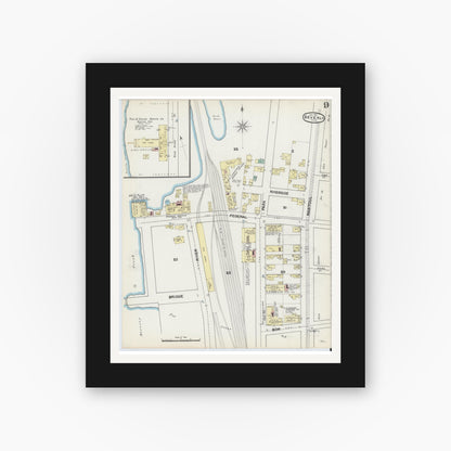 Old map wall art mockup — black gallery frame with white mat — Sanborn Fire Insurance Map from Beverly, Essex County, Massachusetts (1891), Sheet #0009