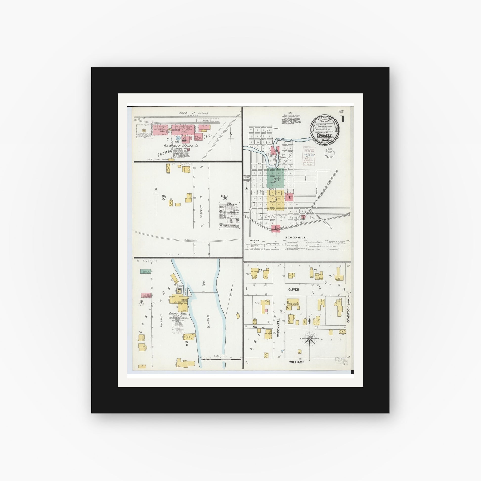 Old map wall art mockup — black gallery frame with white mat — Sanborn Fire Insurance Map from Corunna, Shiawassee County, Michigan (1900) - Complete Map Set