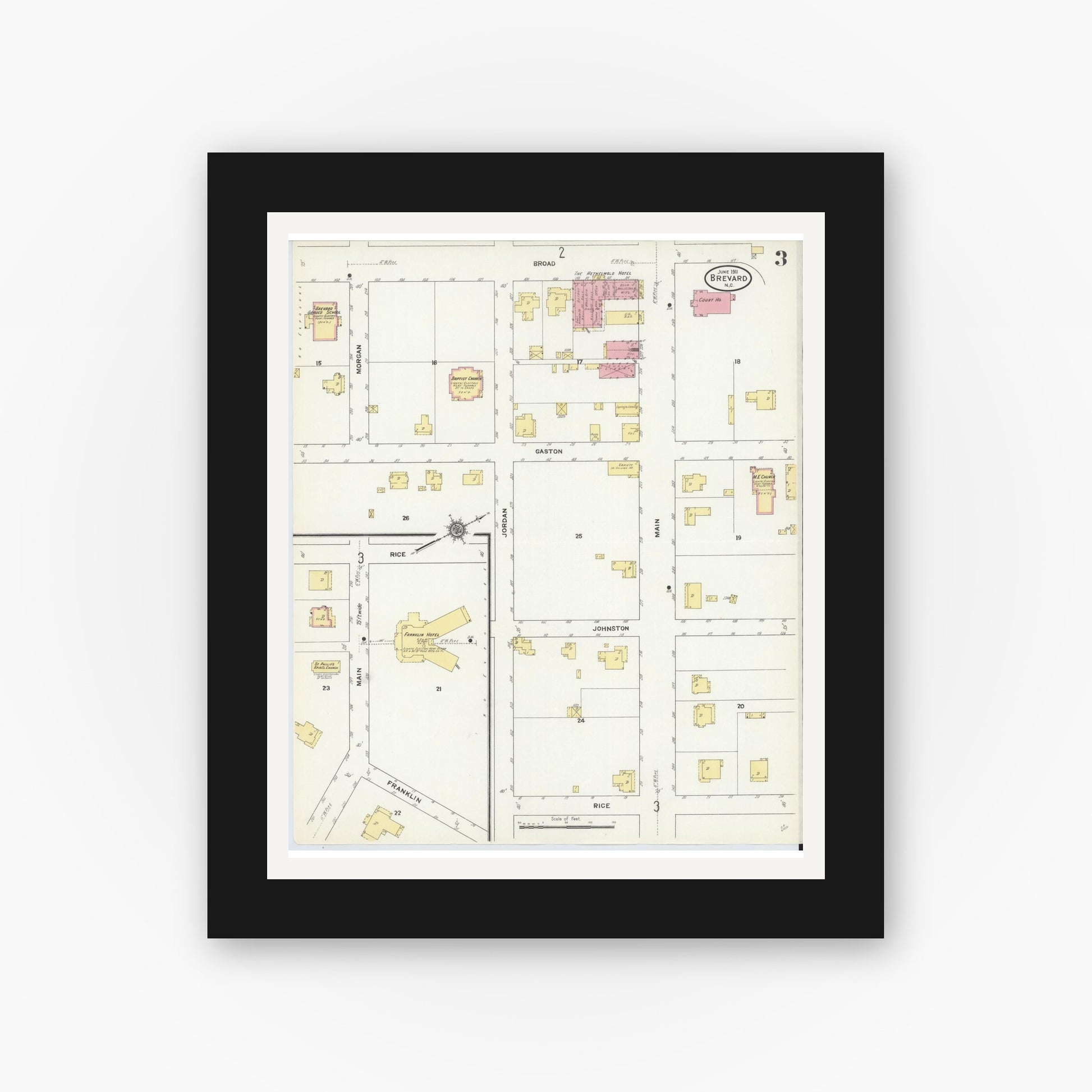 Old map wall art mockup — black gallery frame with white mat — Sanborn Fire Insurance Map from Brevard, Transylvania County, North Carolina (1911), Sheet #0003