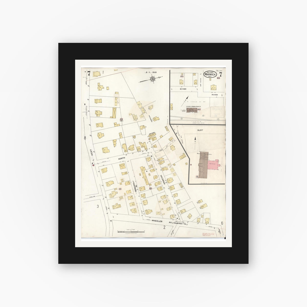 Old map wall art mockup — black gallery frame with white mat — Sanborn Fire Insurance Map from Warwick, Orange County, New York (1940), Sheet #0007