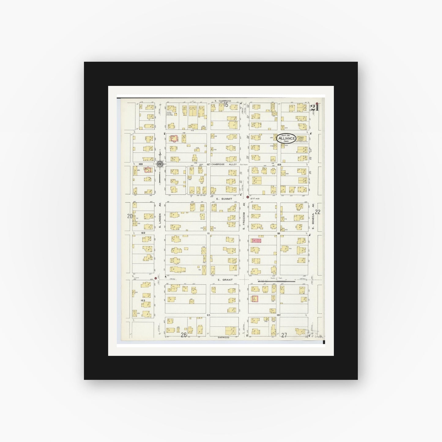 Old map wall art mockup — black gallery frame with white mat — Sanborn Fire Insurance Map from Alliance, Stark County, Ohio (1911), Sheet #0021