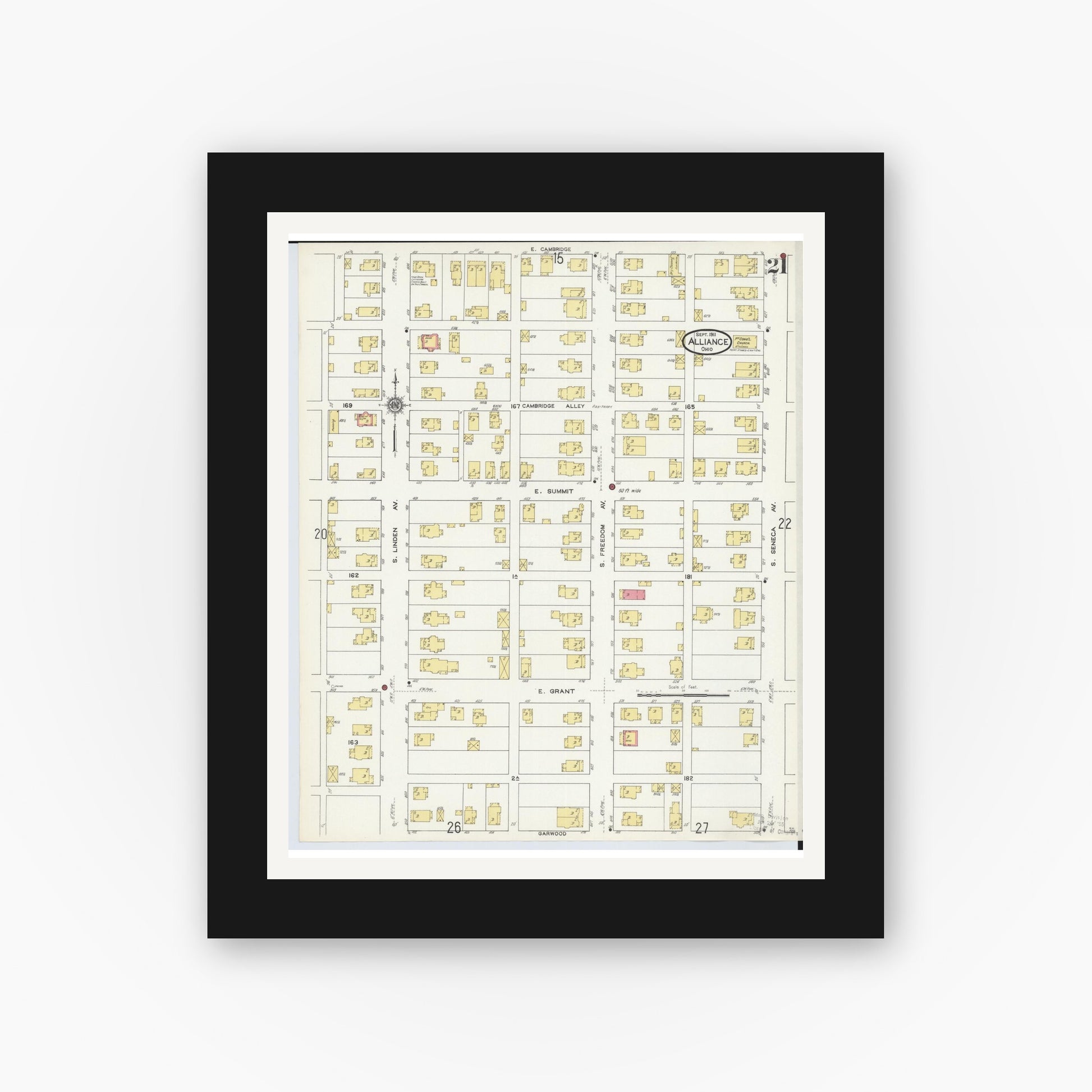 Old map wall art mockup — black gallery frame with white mat — Sanborn Fire Insurance Map from Alliance, Stark County, Ohio (1911), Sheet #0021