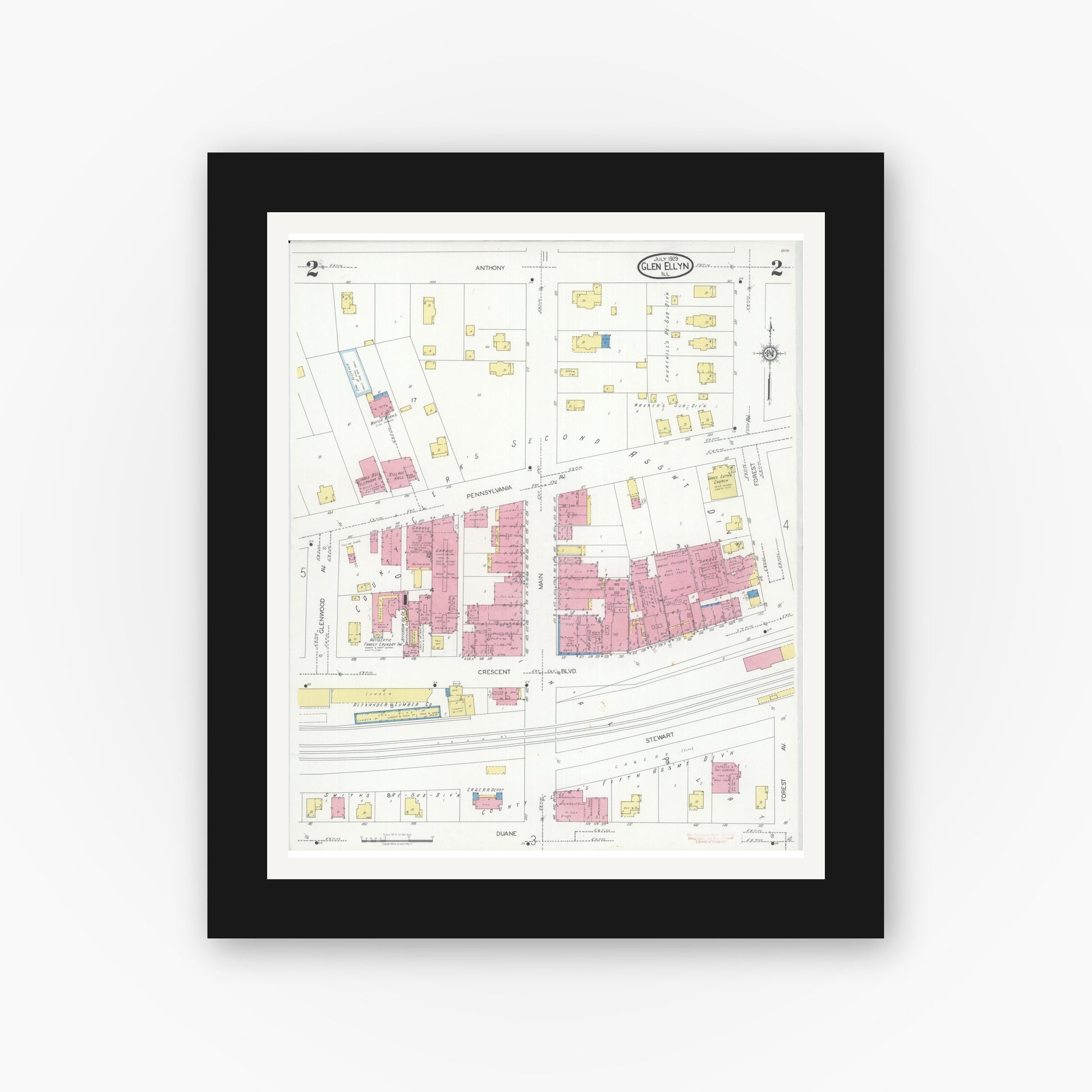 Old map wall art mockup — black gallery frame with white mat — Sanborn Fire Insurance Map from Glen Ellyn, Du Page County, Illinois (1929), Sheet #0002