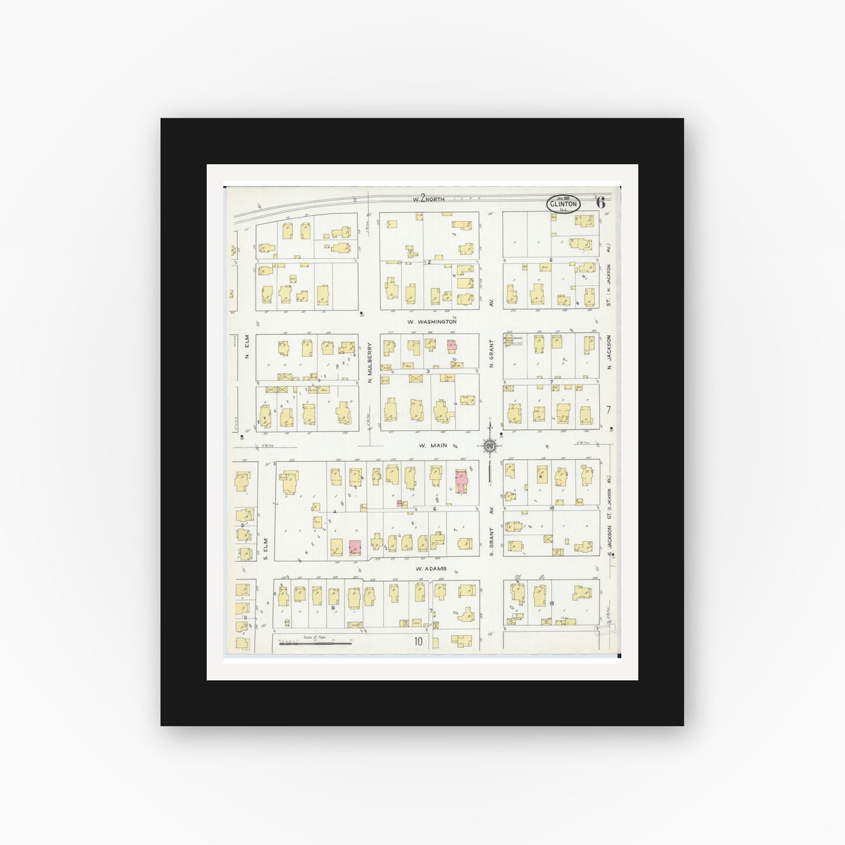 Old map wall art mockup — black gallery frame with white mat — Sanborn Fire Insurance Map from Clinton, De Witt County, Illinois (1916), Sheet #0006