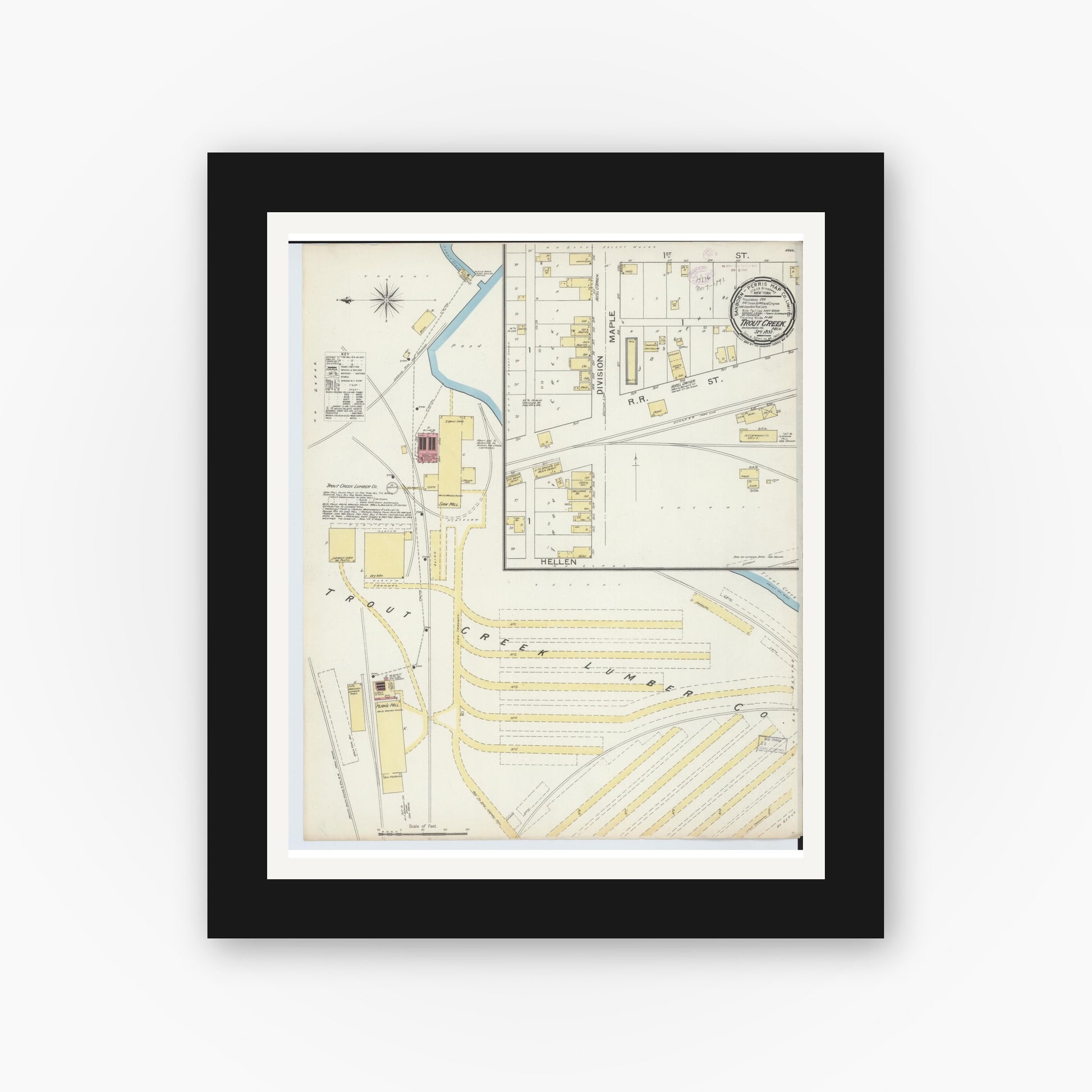 Old map wall art mockup — black gallery frame with white mat — Sanborn Fire Insurance Map from Trout Creek, Ontonagon County, Michigan (1893), Sheet #0001