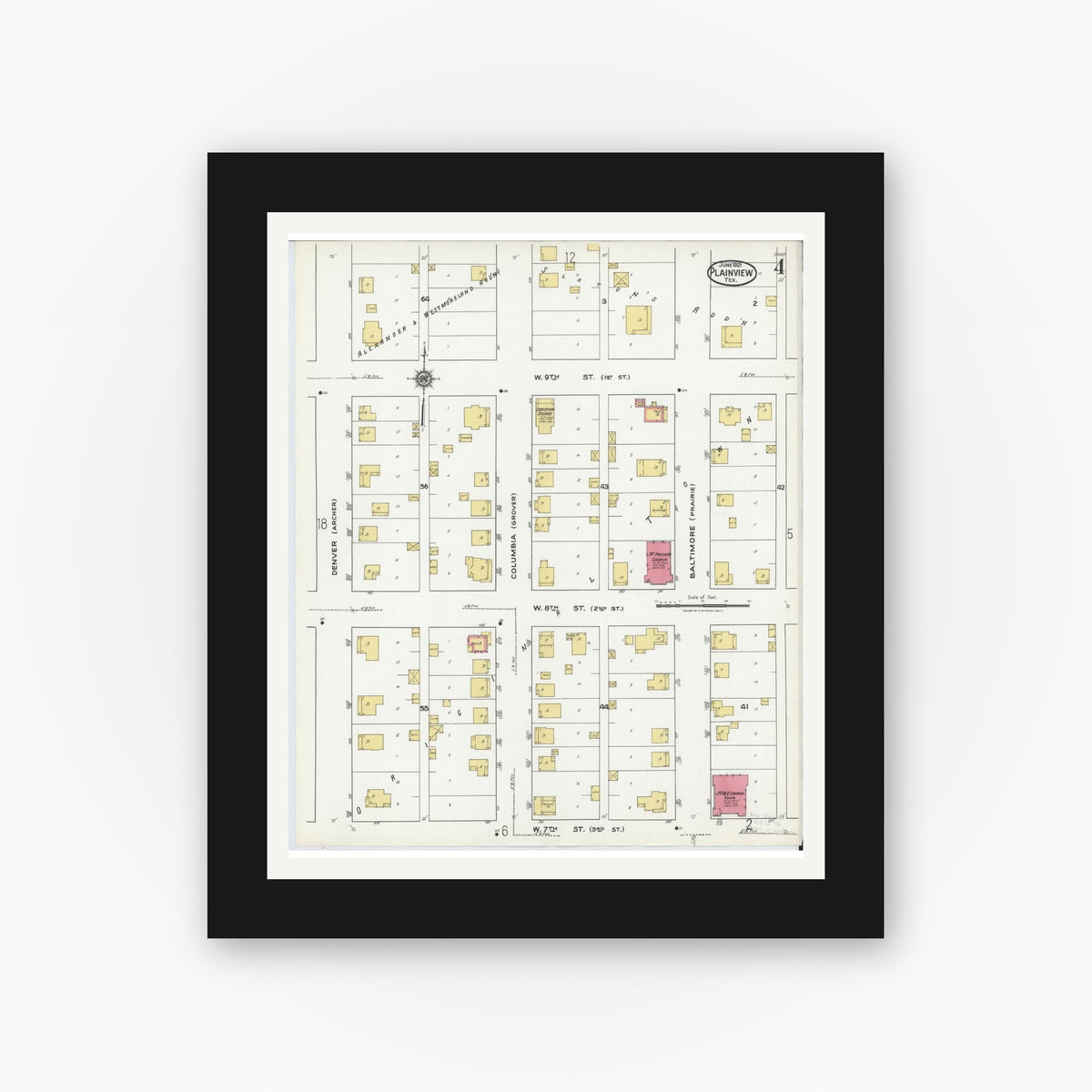 Old map wall art mockup — black gallery frame with white mat — Sanborn Fire Insurance Map from Plainview, Hale County, Texas (1921), Sheet #0004