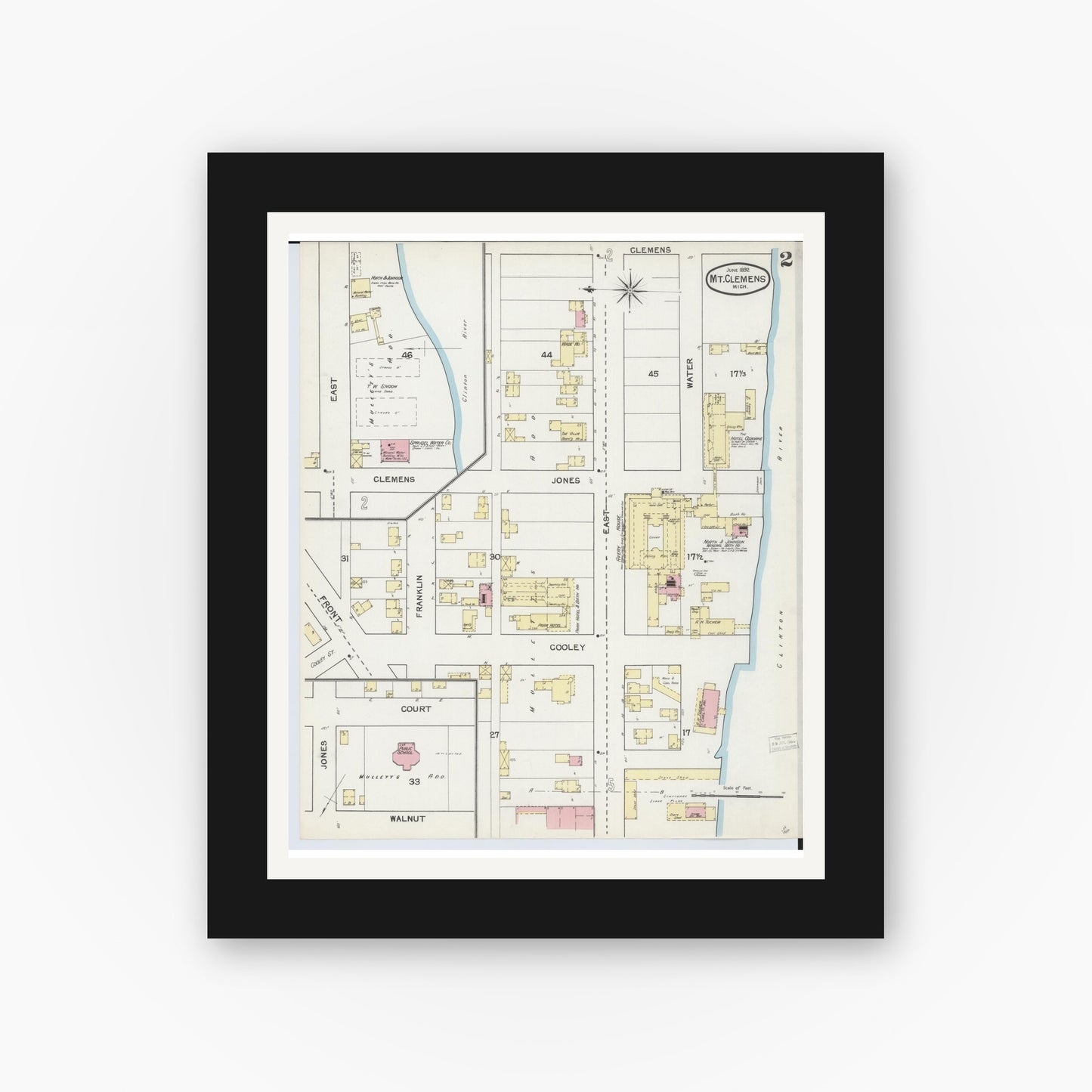 Old map wall art mockup — black gallery frame with white mat — Sanborn Fire Insurance Map from Mount Clemens, Macomb County, Michigan (1892), Sheet #0002