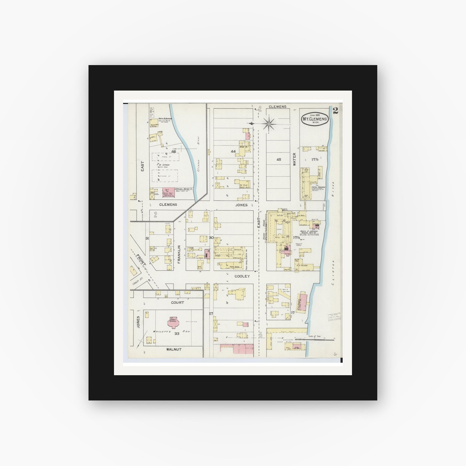 Old map wall art mockup — black gallery frame with white mat — Sanborn Fire Insurance Map from Mount Clemens, Macomb County, Michigan (1892), Sheet #0002