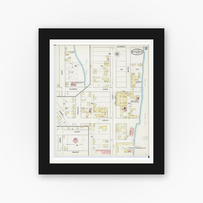 Old map wall art mockup — black gallery frame with white mat — Sanborn Fire Insurance Map from Mount Clemens, Macomb County, Michigan (1892), Sheet #0002