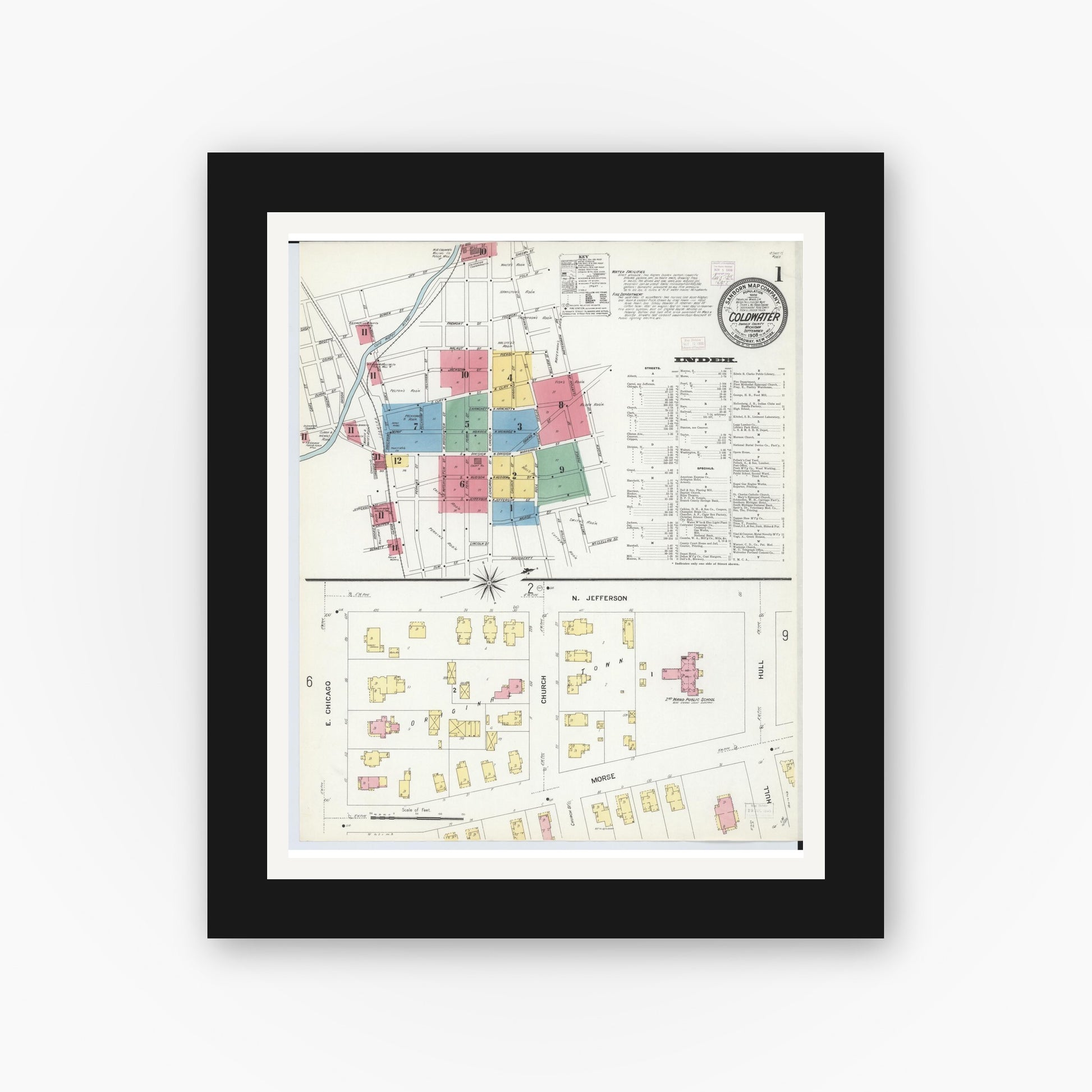 Old map wall art mockup — black gallery frame with white mat — Sanborn Fire Insurance Map from Coldwater, Branch County, Michigan (1908), Sheet #0001