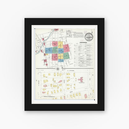 Old map wall art mockup — black gallery frame with white mat — Sanborn Fire Insurance Map from Coldwater, Branch County, Michigan (1908), Sheet #0001