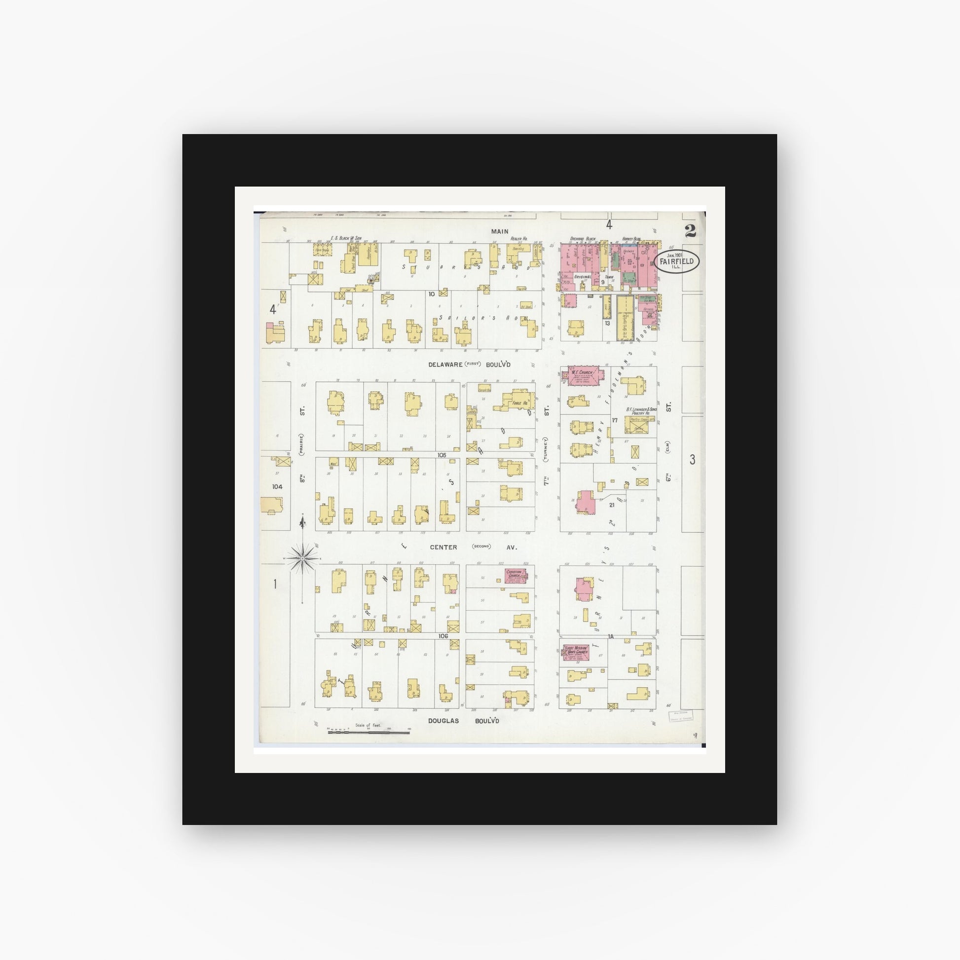Old map wall art mockup — black gallery frame with white mat — Sanborn Fire Insurance Map from Fairfield, Wayne County, Illinois (1901), Sheet #0002