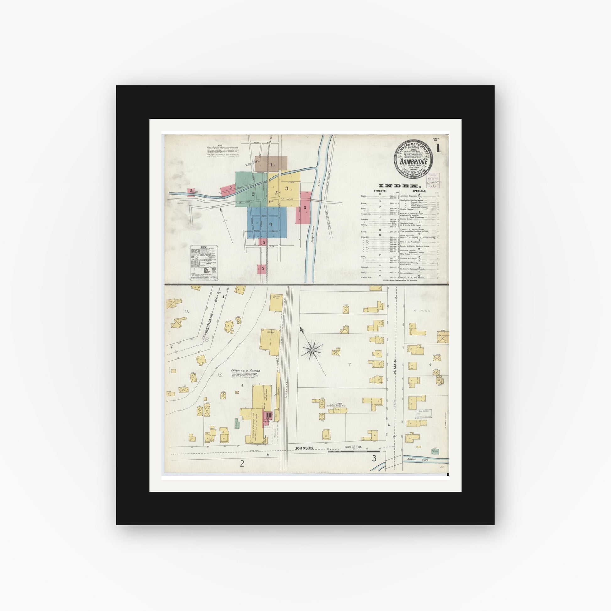 Old map wall art mockup — black gallery frame with white mat — Sanborn Fire Insurance Map from Bainbridge, Chenango County, New York (1903) - Complete Map Set
