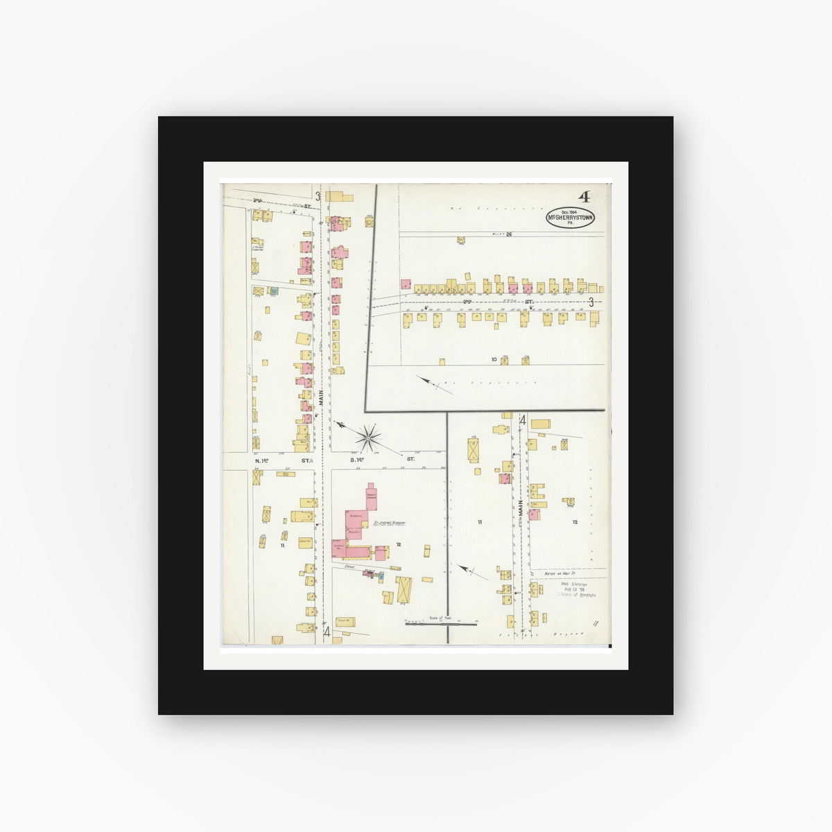 Old map wall art mockup — black gallery frame with white mat — Sanborn Fire Insurance Map from McSherrystown, Adams County, Pennsylvania (1904), Sheet #0004