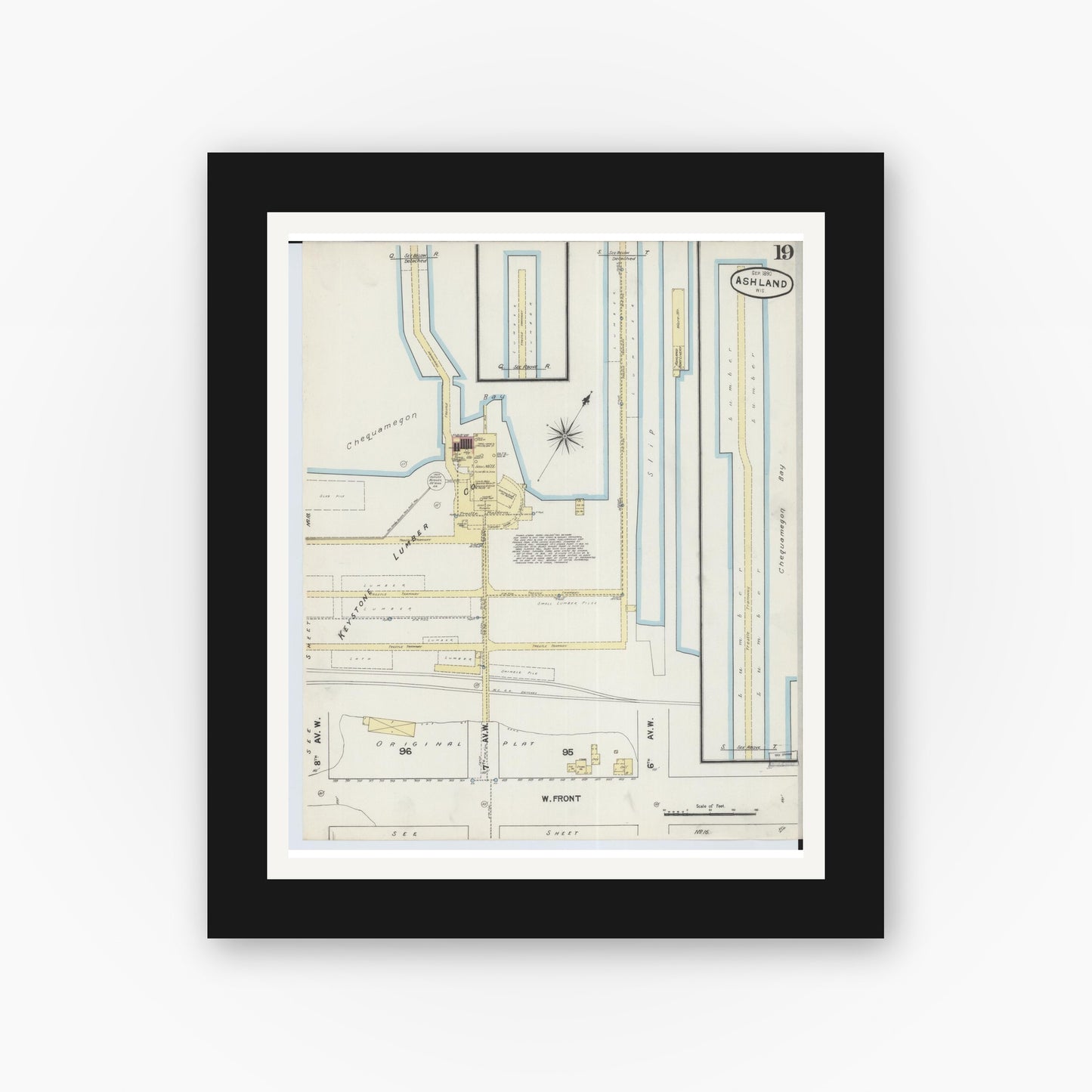 Old map wall art mockup — black gallery frame with white mat — Sanborn Fire Insurance Map from Ashland, Ashland County, Wisconsin (1890), Sheet #0019