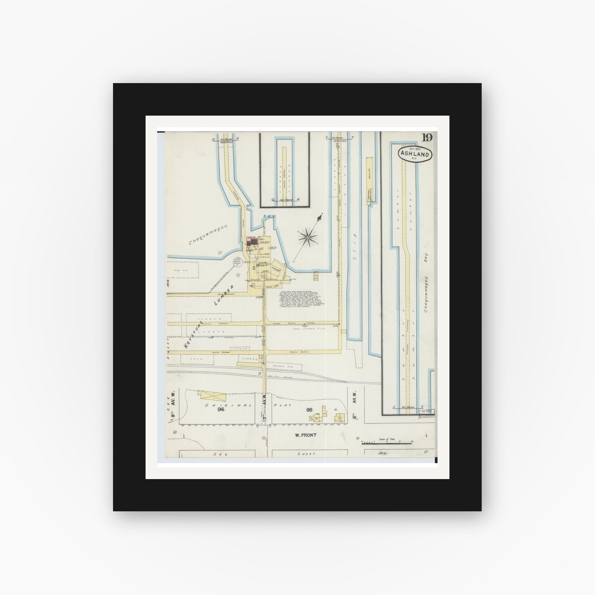 Old map wall art mockup — black gallery frame with white mat — Sanborn Fire Insurance Map from Ashland, Ashland County, Wisconsin (1890), Sheet #0019