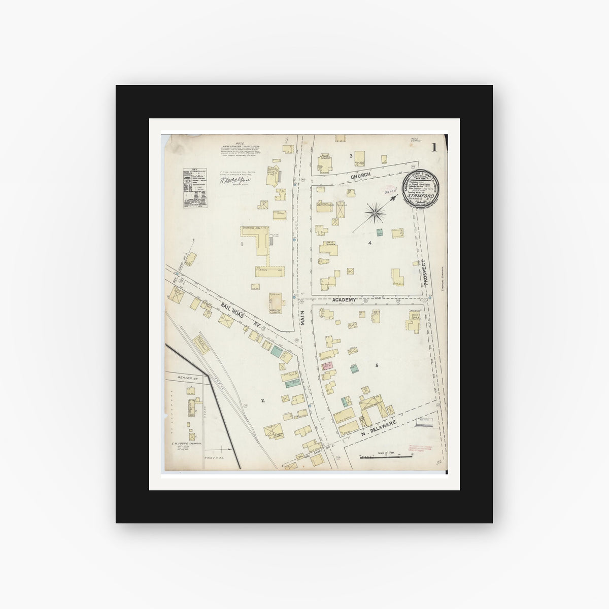 Old map wall art mockup — black gallery frame with white mat — Sanborn Fire Insurance Map from Stamford, Delaware County, New York (1891) - Complete Map Set