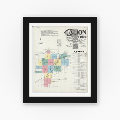 Old map wall art mockup — black gallery frame with white mat — Sanborn Fire Insurance Map from Galion, Crawford County, Ohio (1897), Sheet #0001
