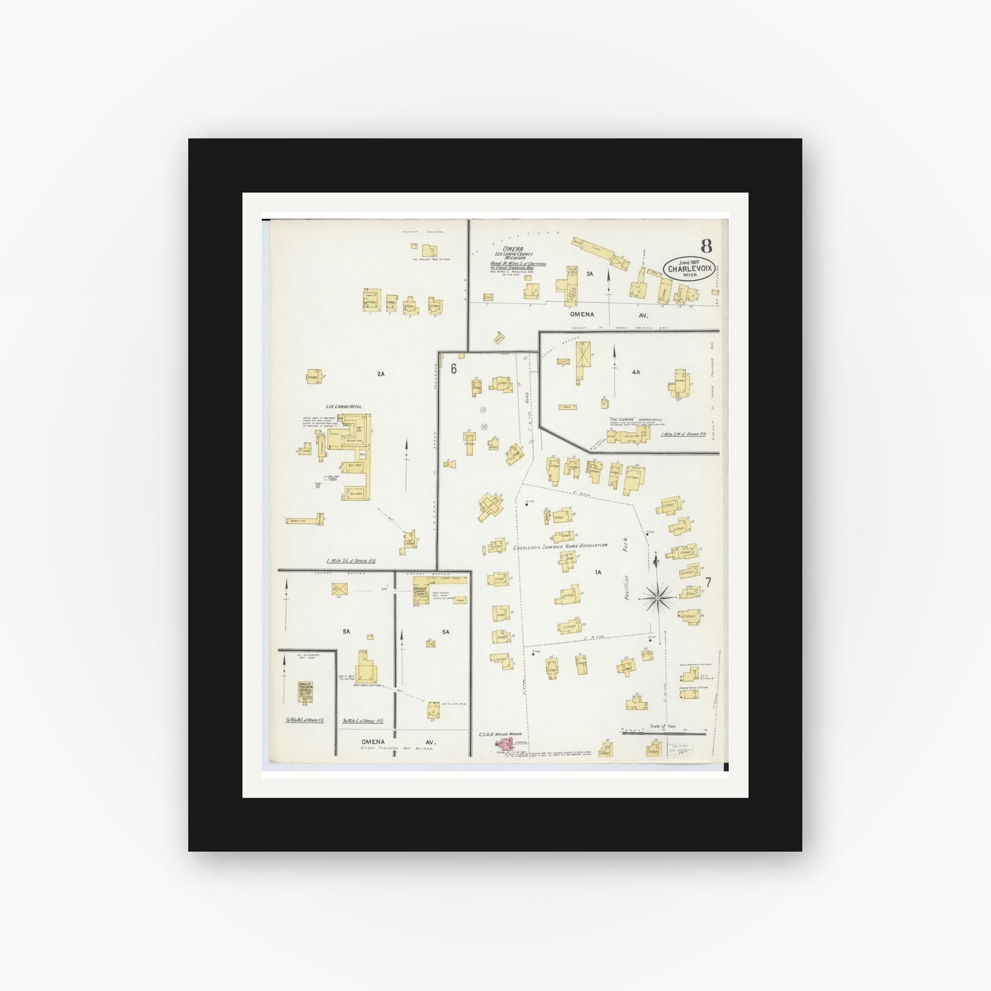 Old map wall art mockup — black gallery frame with white mat — Sanborn Fire Insurance Map from Charlevoix, Charlevoix County, Michigan (1907), Sheet #0008