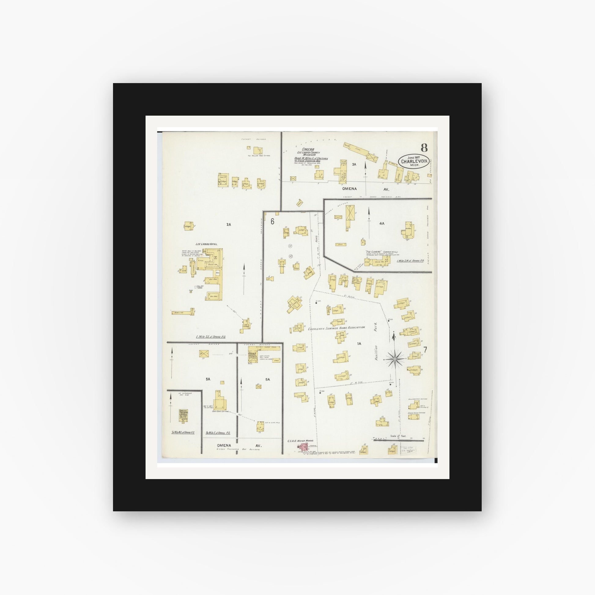 Old map wall art mockup — black gallery frame with white mat — Sanborn Fire Insurance Map from Charlevoix, Charlevoix County, Michigan (1907), Sheet #0008