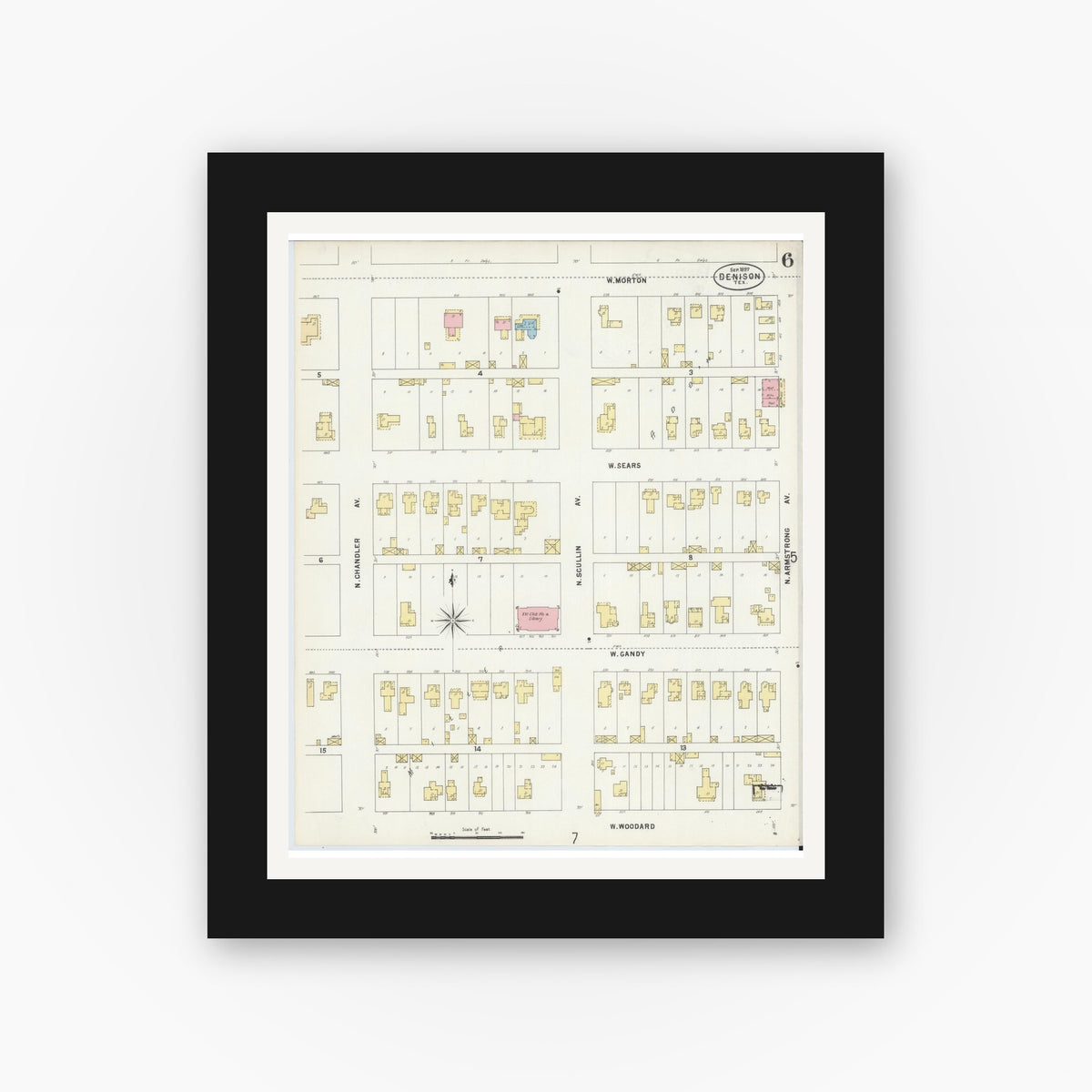 Old map wall art mockup — black gallery frame with white mat — Sanborn Fire Insurance Map from Denison, Grayson County, Texas (1897), Sheet #0006