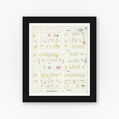 Old map wall art mockup — black gallery frame with white mat — Sanborn Fire Insurance Map from Denison, Grayson County, Texas (1897), Sheet #0006