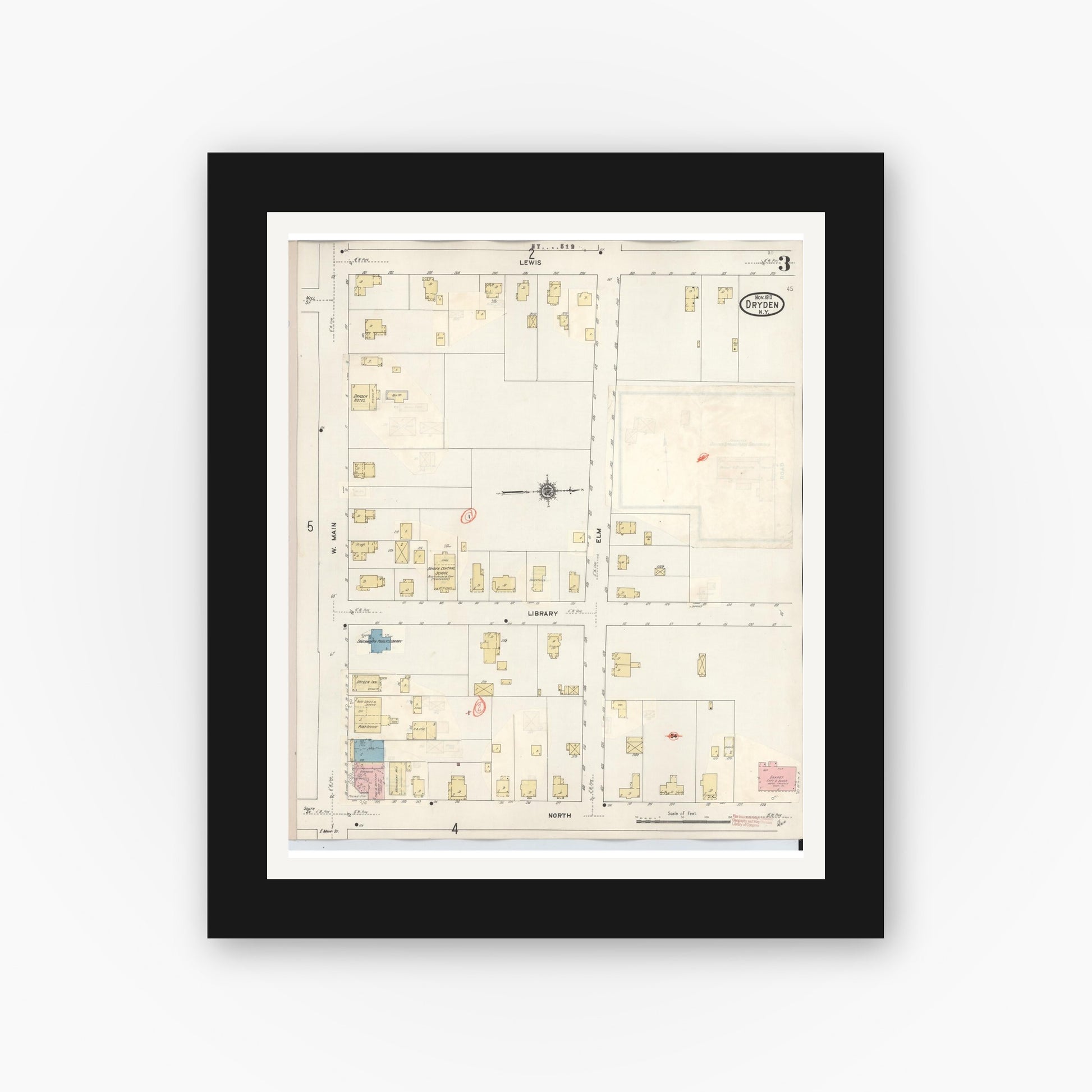 Old map wall art mockup — black gallery frame with white mat — Sanborn Fire Insurance Map from Dryden, Tompkins County, New York (1937), Sheet #0003
