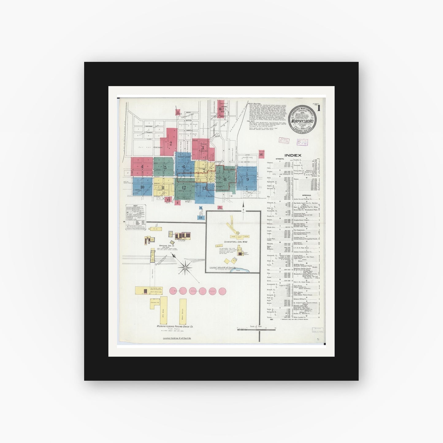Old map wall art mockup — black gallery frame with white mat — Sanborn Fire Insurance Map from Murphysboro, Jackson County, Illinois (1909), Sheet #0001