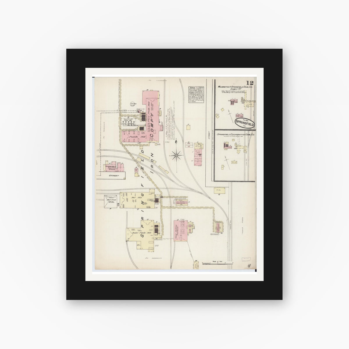 Old map wall art mockup — black gallery frame with white mat — Sanborn Fire Insurance Map from Springfield, Sangamon County, Illinois (1884), Sheet #0012